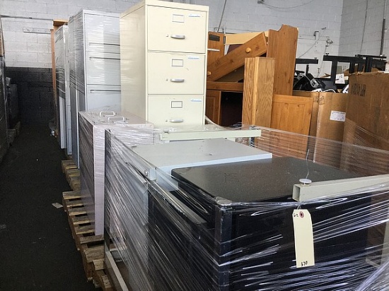 6 Pallets of Tables &, Filing Cabinets