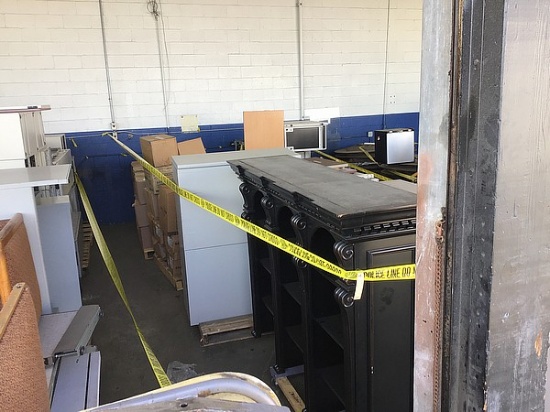 Row of Filling Cabinets, Boxes of Books, & Black Wooden Shelf