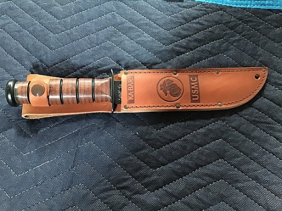 7in blade brand of kabar in leather case w usmc logo