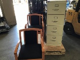 Two chairs file cabinet small display whiteboard