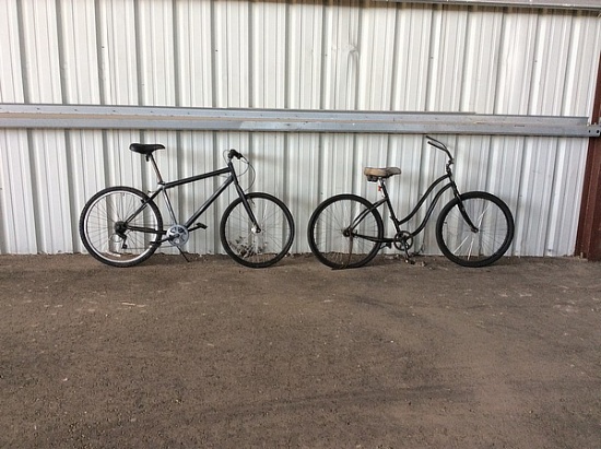2 bikes, 2 no name, beach cruiser, road bike