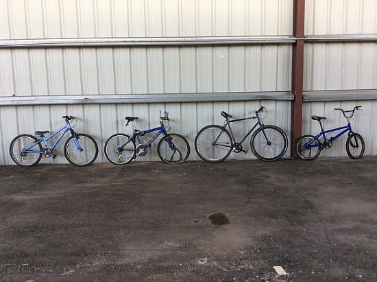 4  bikes, no name, torker, pacific,haro Bmx, road bike, pacific stero, flightline
