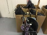 4 boxes clothes,backpacks,books,stereo, Rolling cart with skateboards,canes,umbrellas,walking stick