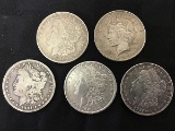 5 One dollar U S coins,years 1881,1889,1921,1921,1922