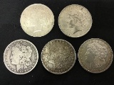 5 One dollar U S coins,years 1899,1921,1921,1922,1922