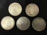 5 One dollar U S coins,years 1922,1922,1921,1921,1924