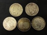 5 One dollar U S coins,years 1921,1922,1922,1922,1924