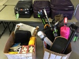 3 suitcases, 2 boxes books,canes,tents,ornaments, Posters,fishing pole,skateboard,cargo cover