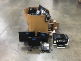 Box of assorted computer monitors with office phones And printer