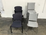 Five blue lobby chairs with six grey lobby chairs
