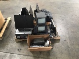 Box of computer monitors, mounts, keyboard, printer Battery backup