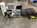 Three TVs (parts) with hp Officejet 100 mobile printer With hotpoint microwave, white water tower, t