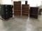 Three wooden bookshelves with two black Four drawer file cabinets