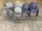 Five blue lobby chairs with nine green lobby chairs