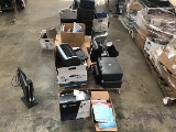 Pallet with microwaves, scanners, lamp, computer bag Time clock, printers, monitors