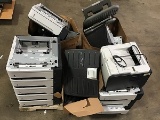Pallet of electronics with scanners, monitor stands, Foot rest