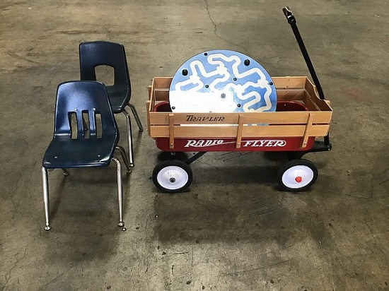 Traveler radio flyer red children wagon with two blue children chairs and children toy