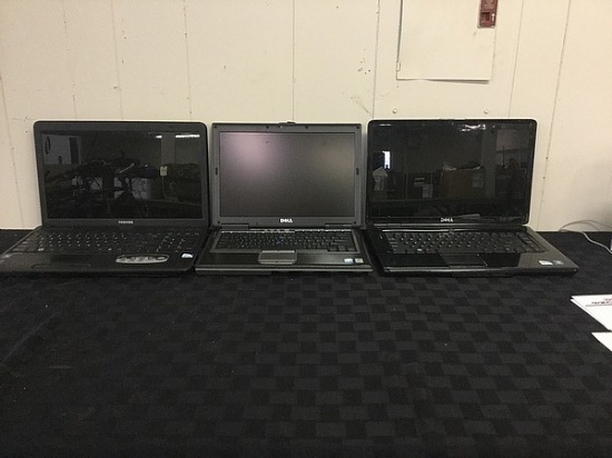 3 laptops DELL, TOSHIBA, possibly locked, no chargers,some damage Hard drive possibly remove