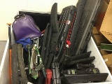 Rifle and pistol cases,razor scooters,2 tvs,bowling ball in bag, Baseball bat,2 bicycle tires,backpa