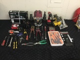 Drill, sockets, flashlight, screwdriver bit, saw, plunger router,