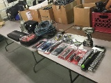 Power drill, socket set, screwdriver set, wrench set, Pliers,knife, headlamp, soldering iron, booste
