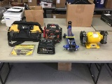 Bench, grinder, jack,Tool bag, battery charger, spade but set