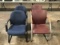 Two burgundy lobby chairs with two blu3 lobby chairs