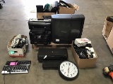 Pallet of assorted office supplies: printers,scanners Keyboards, clocks and toshiba tv
