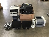 Pallet of computer monitors, printers, radio fan