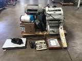 Pallet of printers, fax machine, office supplies, dvd player Picture frames, hp monitor