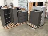 Three pallets of metal cabinets, bookshelves Two three drawer metal filing cabinets