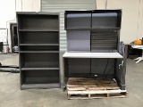Office cubicle desk with top hutch and single metal bookshelf