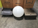 Pallet of six lithonia outdoor junction box, four boxes of white globes 10 boxes of floodlights
