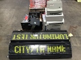 Pallet of two destination/display signs, canon fax machine Computer monitor, cubic display sign, pow