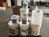 Pallet of assorted waxie cleaning supplies: sealers, Carpet dry cleaner, floor cleaner