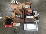 Pallet of sensors, truck lights, lawnmower parts, Air valves, hoses, strong arm gas lift supports