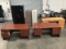 Two door metal file cabinet, two four drawer file cabinets Three wood office desks