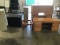 Two four drawer file cabinets, two drawer file cabinet Three wood office desks with mini wood table