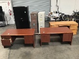 Two door metal file cabinet, two four drawer file cabinets Three wood office desks