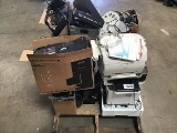 Pallet of two TVs, printers, keyboards, clock Cables, monitors and office supplies