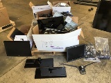 Pallet of tv stands with monitors, mouses, cables