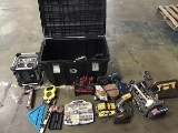 Black storage box of misc power and hand tools Bolt cutters, tool bags, Bosch power box