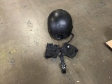 Black open face helmet, black watch, black gloves