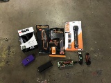 Camping equipment: flashlight, knives, axe with entrenching tool (Box not included)