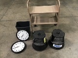 Metal cart with two steps tools, two clocks and mini trash can