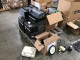 Two pallets of electronics: printers, electric hole punchers, Keyboards, clock, office supplies, tv