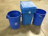 2 plastic garbage cans, 1 recycling container with wheels