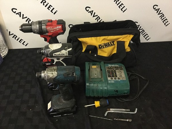 Drills, tool bag, battery charger