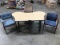 Wood top table with three office chairs