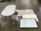 Mini table with two toner cartridges and three whiteboards,